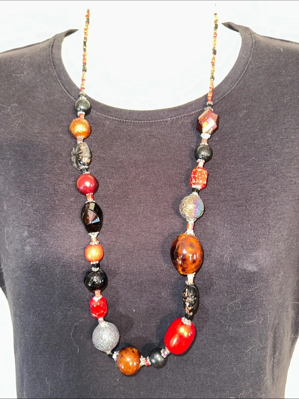 Chunk Boho  Multicolor Bead Necklace in Red & Black